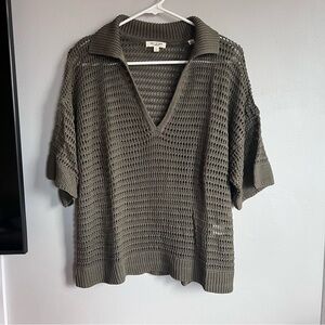Max Studio Open Knit Crochet Polo Short Sleeve Top Olive Green L